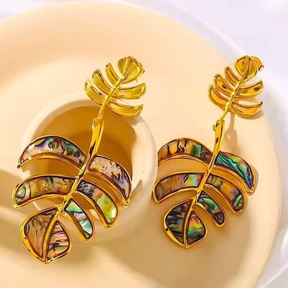 Boho Gold Iridescent Leaf Earrings Stainless Steel Gold Plated - Picture 8 of 11